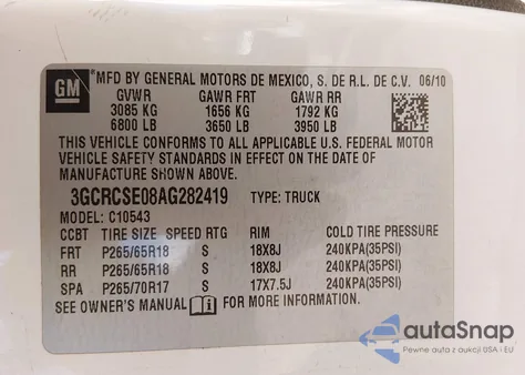 2010 Chevrolet Silverado 1500 Lt z USA, uszkodzony, nr VIN 3GCRCSE08AG282419